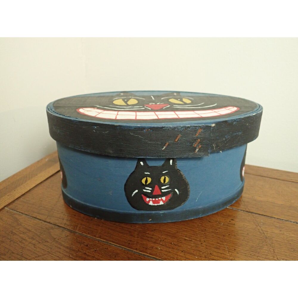 Cat Box Primitive Hand Painted Novelty Black Cat Blue